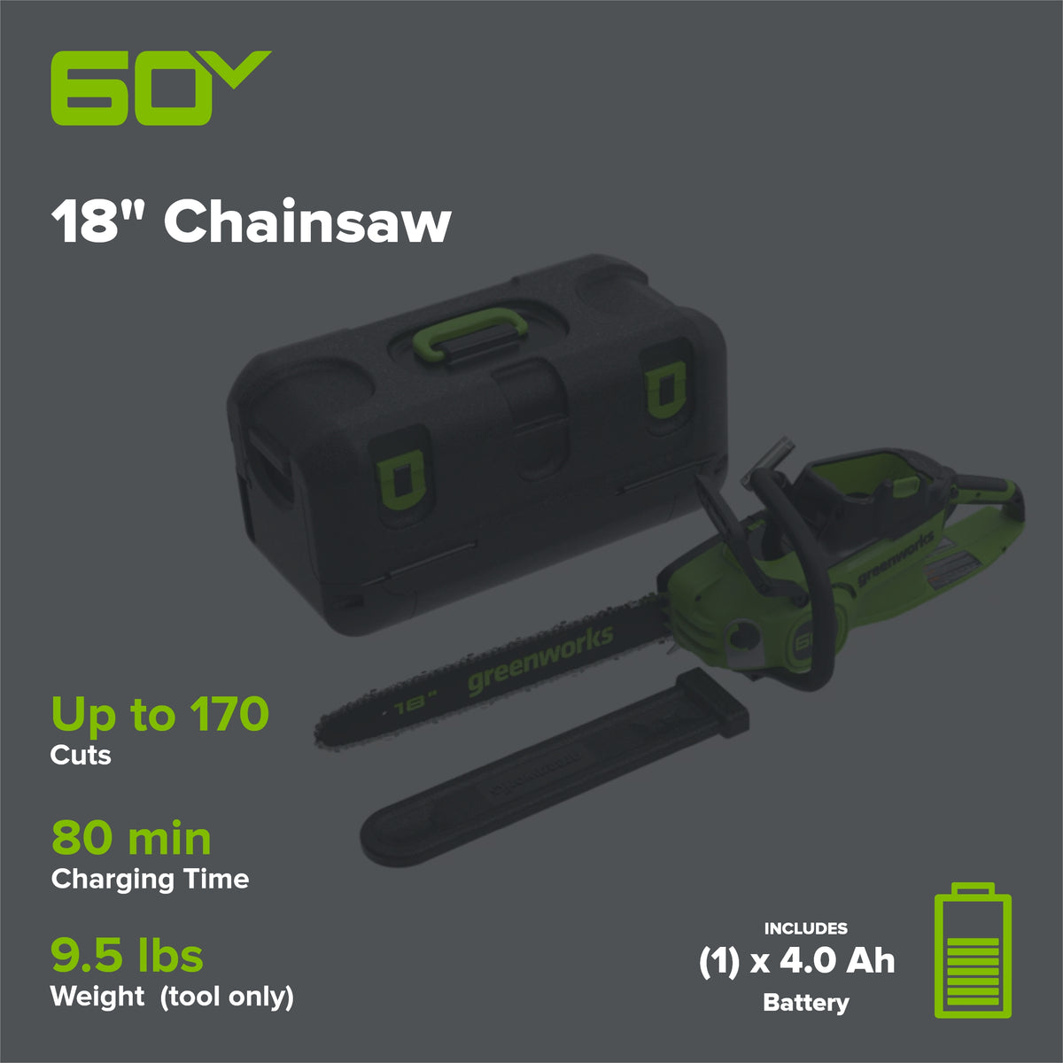 60V 18"Cordless Battery 2.0 kW Chainsaw and Hard Case, 4Ah Battery and Charger