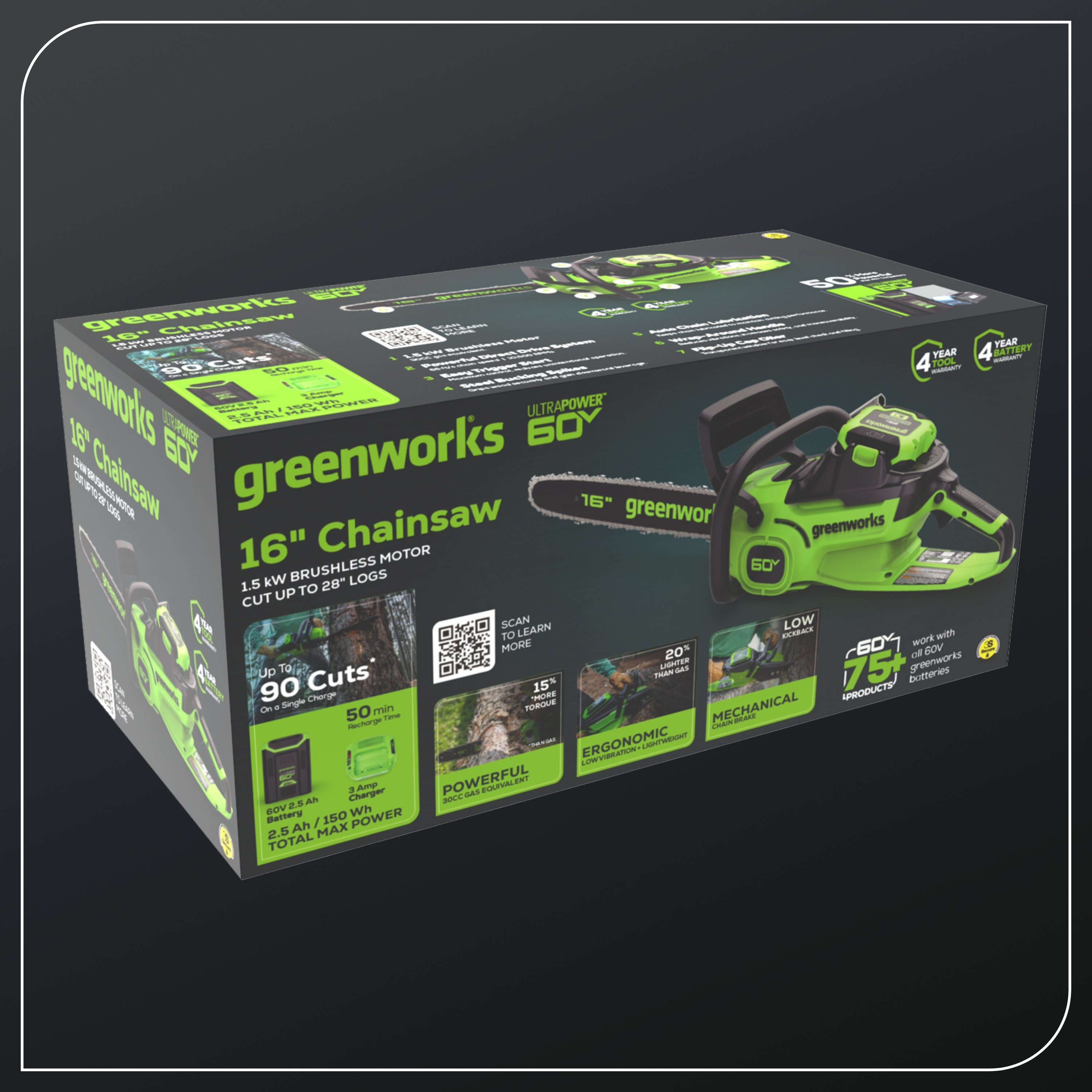 60V 16" 1.5kW Cordless Battery Chainsaw: 2.5 Ah Battery and 3A Charger