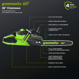 60V 16" 1.5kW Cordless Battery Chainsaw: 2.5 Ah Battery and 3A Charger