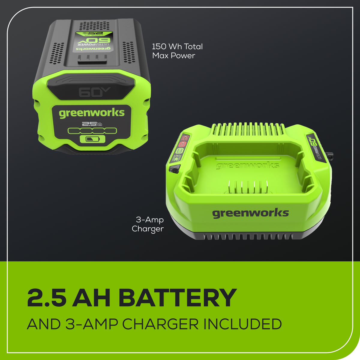 60V 16" 1.5kW Cordless Battery Chainsaw: 2.5 Ah Battery and 3A Charger