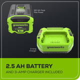 60V 16" 1.5kW Cordless Battery Chainsaw: 2.5 Ah Battery and 3A Charger