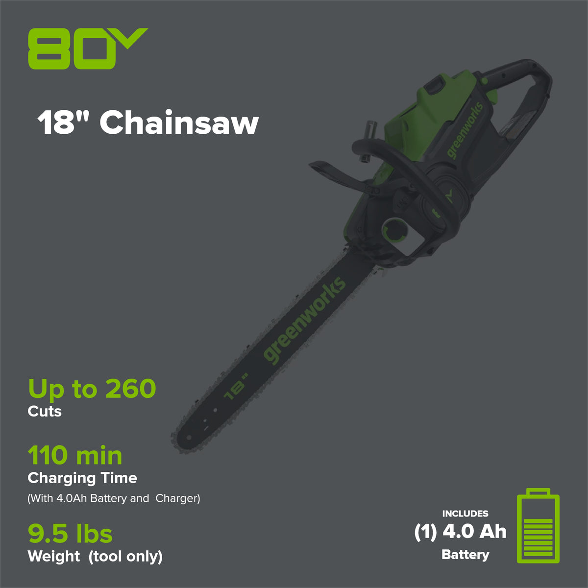 80V 18" 2.5kW Cordless Battery Chainsaw, (1) 4Ah Battery and 2A Charger