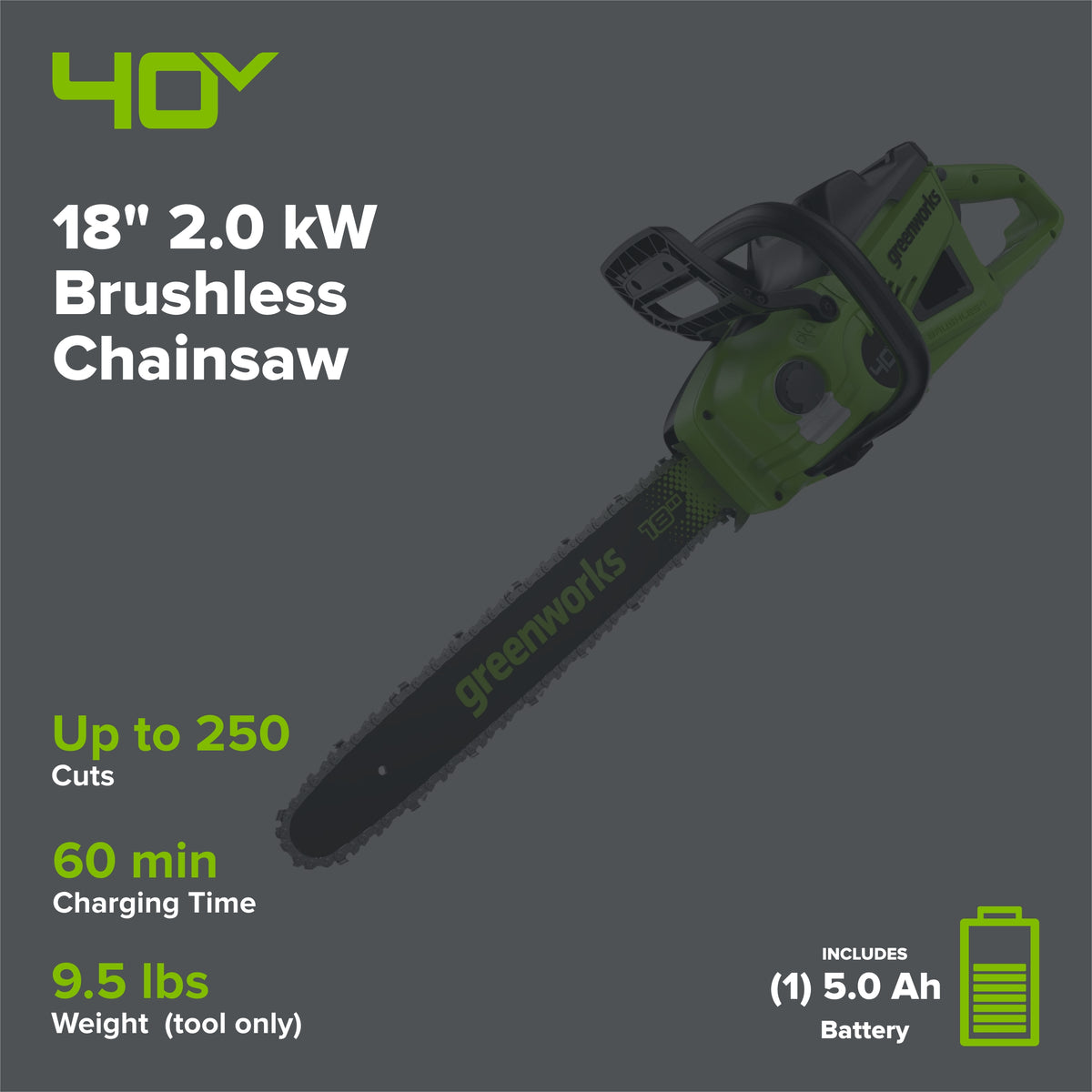 40V 18" Cordless Battery 2.0 kW Chainsaw: 5.0 Ah Battery and 5A Charger