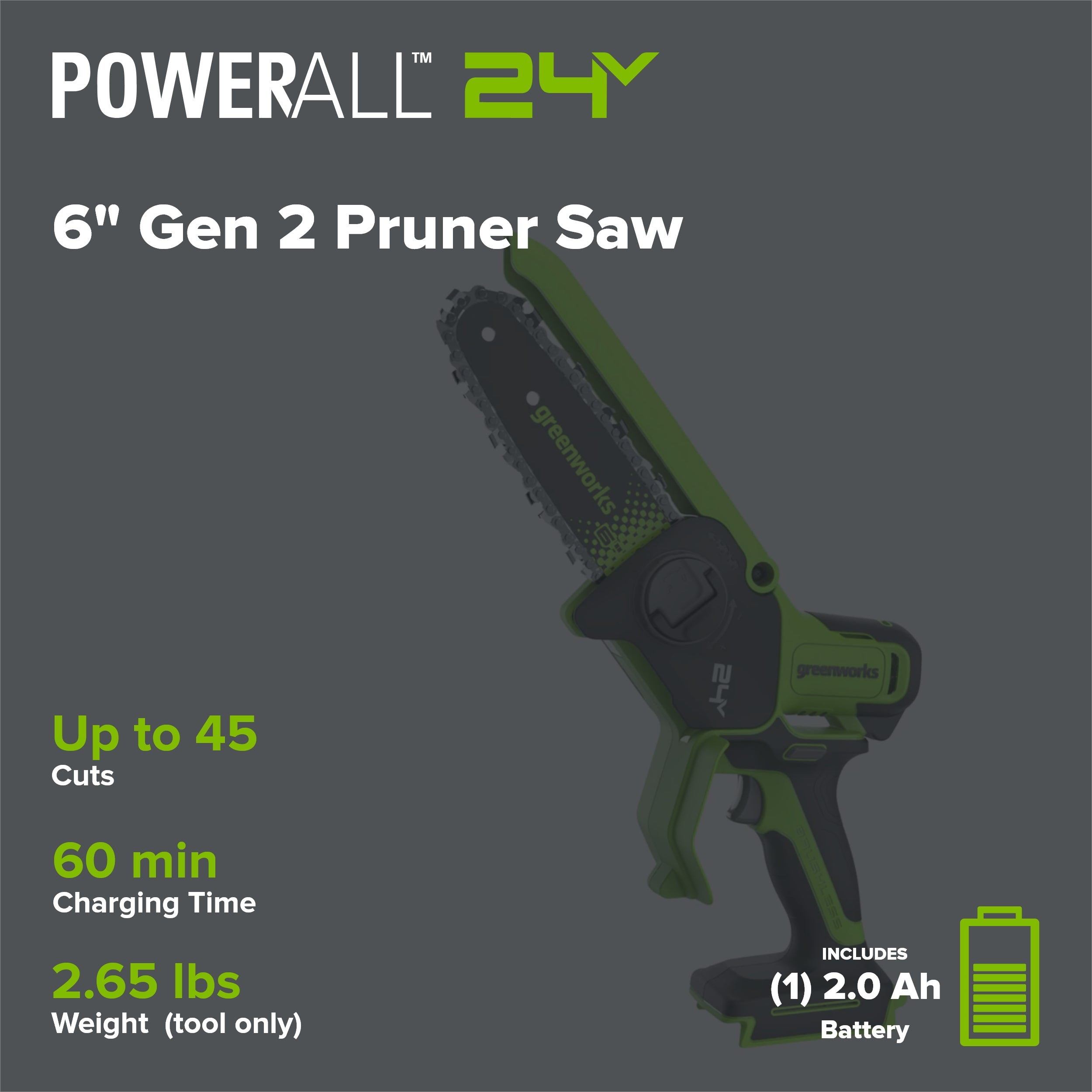 24V 6" Gen 2 Cordless Battery Brushless Pruner Saw: 2.0 Ah Battery and 2A Charger