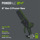 24V 6" Gen 2 Cordless Battery Brushless Pruner Saw: 2.0 Ah Battery and 2A Charger