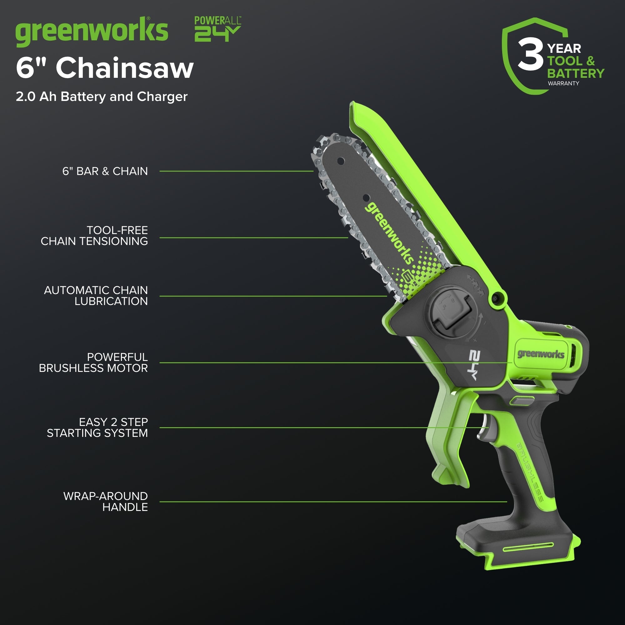 24V 6" Gen 2 Cordless Battery Brushless Pruner Saw: 2.0 Ah Battery and 2A Charger
