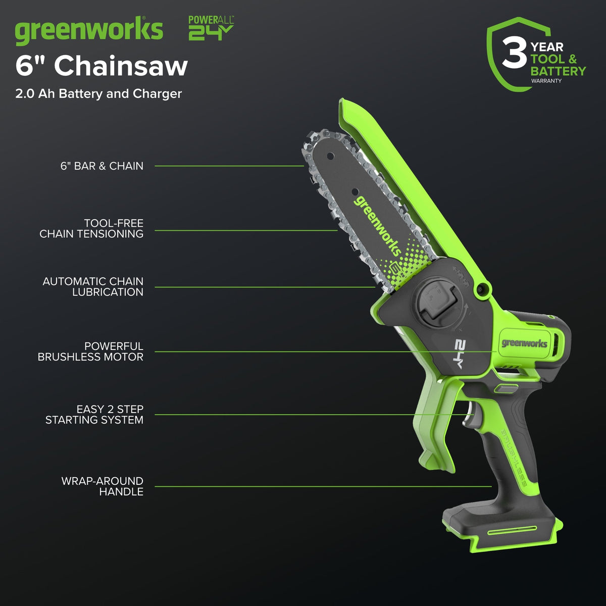 24V 6" Gen 2 Cordless Battery Brushless Pruner Saw: 2.0 Ah Battery and 2A Charger