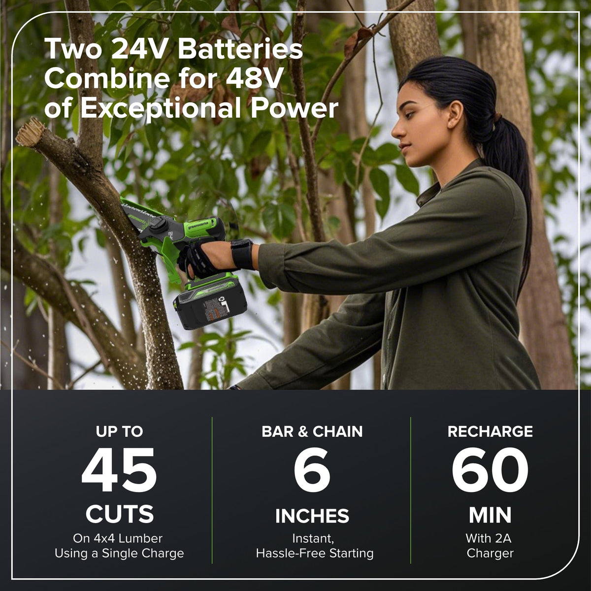 24V 6" Gen 2 Cordless Battery Brushless Pruner Saw: 2.0 Ah Battery and 2A Charger