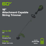 60V 16" Brushless Cordless Battery String Trimmer (Attachment Capable): (1) 4.0 Ah Battery, (1) 3A Charger, (1) Shoulder Strap