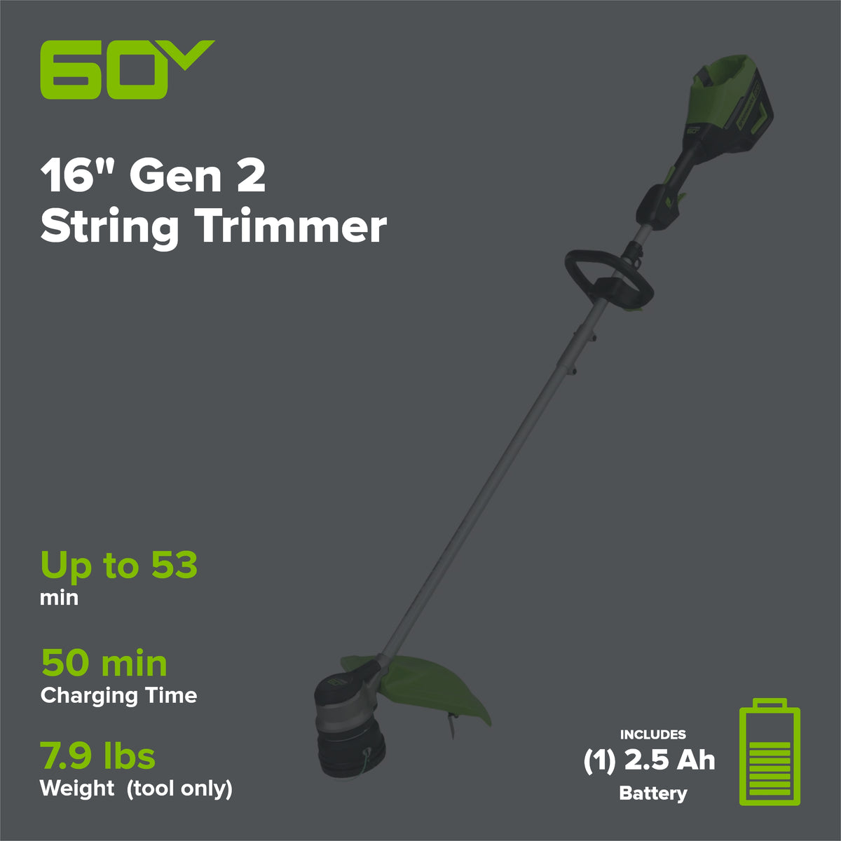 60V 16" Gen 2 Brushless Cordless Battery String Trimmer: (1) 2.5 Ah Battery, (1) 3A Charger