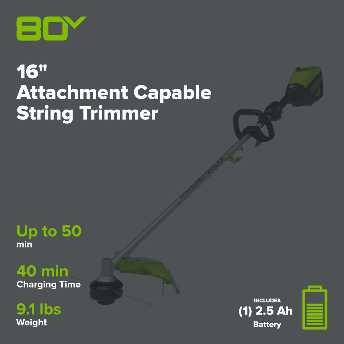80V 16" Gen 2 Brushless Cordless String Trimmer (Attachment Capable): (1) 2.5 Ah Battery, (1) 4A Rapid Charger