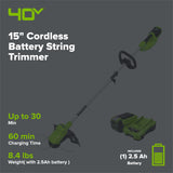 OPEN BOX 40V 15" Cordless Battery String Trimmer, 2Ah Battery and Charger