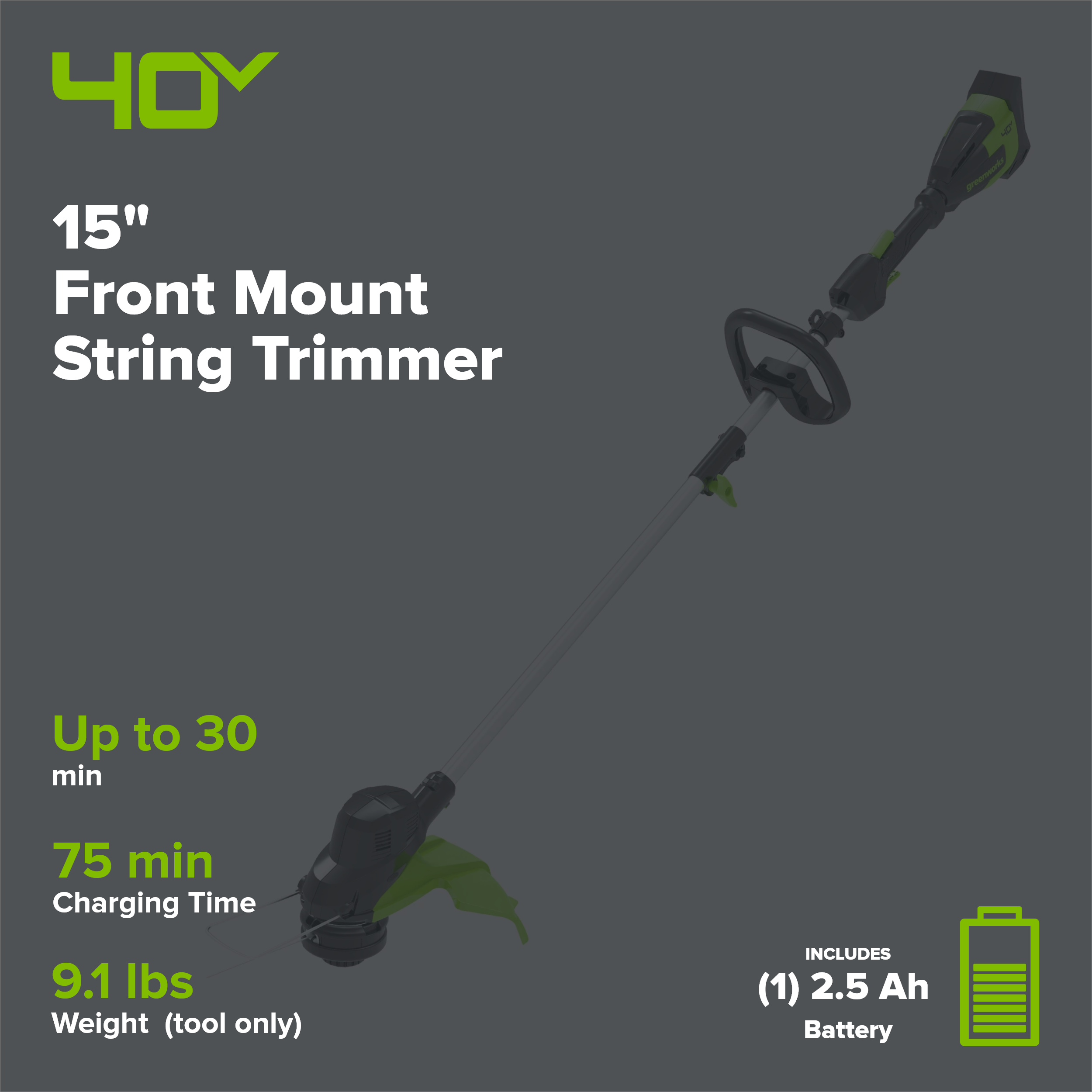 40V 15" Cordless Battery String Trimmer (Front Mount): 2.5 Ah Battery and Charger