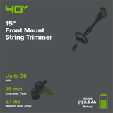 40V 15" Cordless Battery String Trimmer (Front Mount): 2.5 Ah Battery and Charger