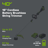 40V 16" Cordless Battery Brushless String Trimmer (Attachment Capable): 4.0 Ah Battery and Charger
