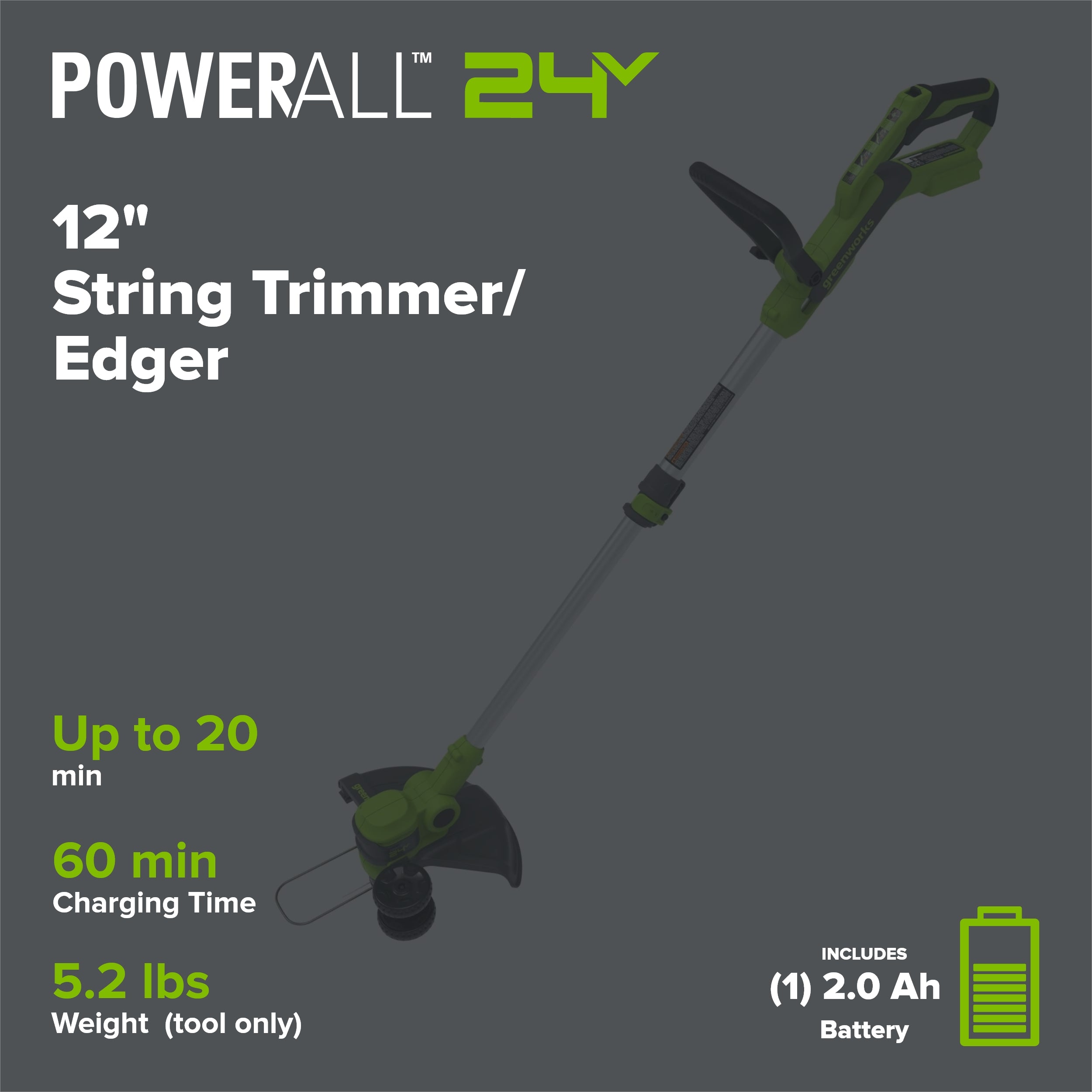 24V 12" Cordless Battery String Trimmer / Edger: (1) 2.0 Ah USB Battery, (1) 2A Charger