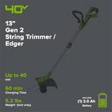 40V 13" Gen 2 Cordless Battery String Trimmer / Edger: 2.0 Ah Battery and Charger