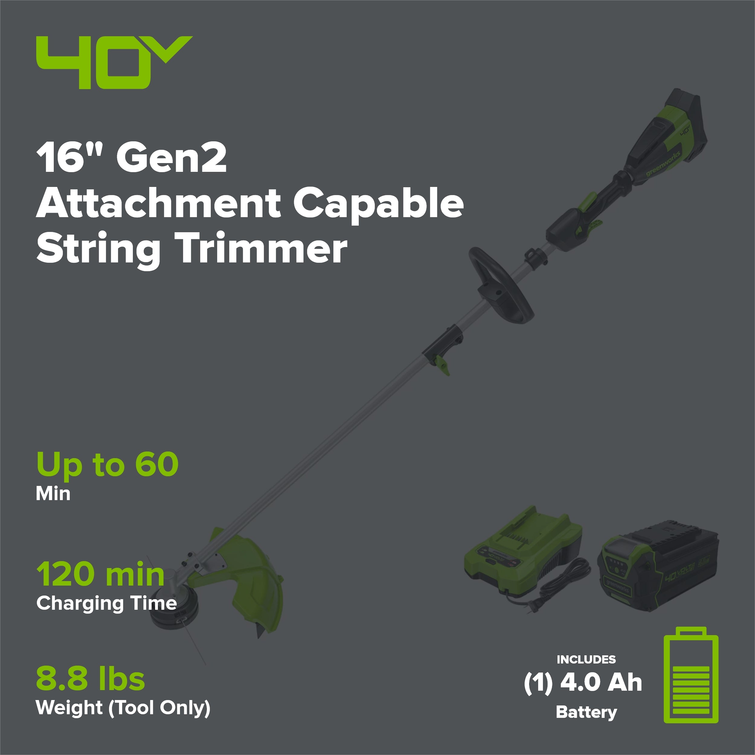 40V 16" Gen2 Attachment Capable String Trimmer, 4Ah Battery and Charger
