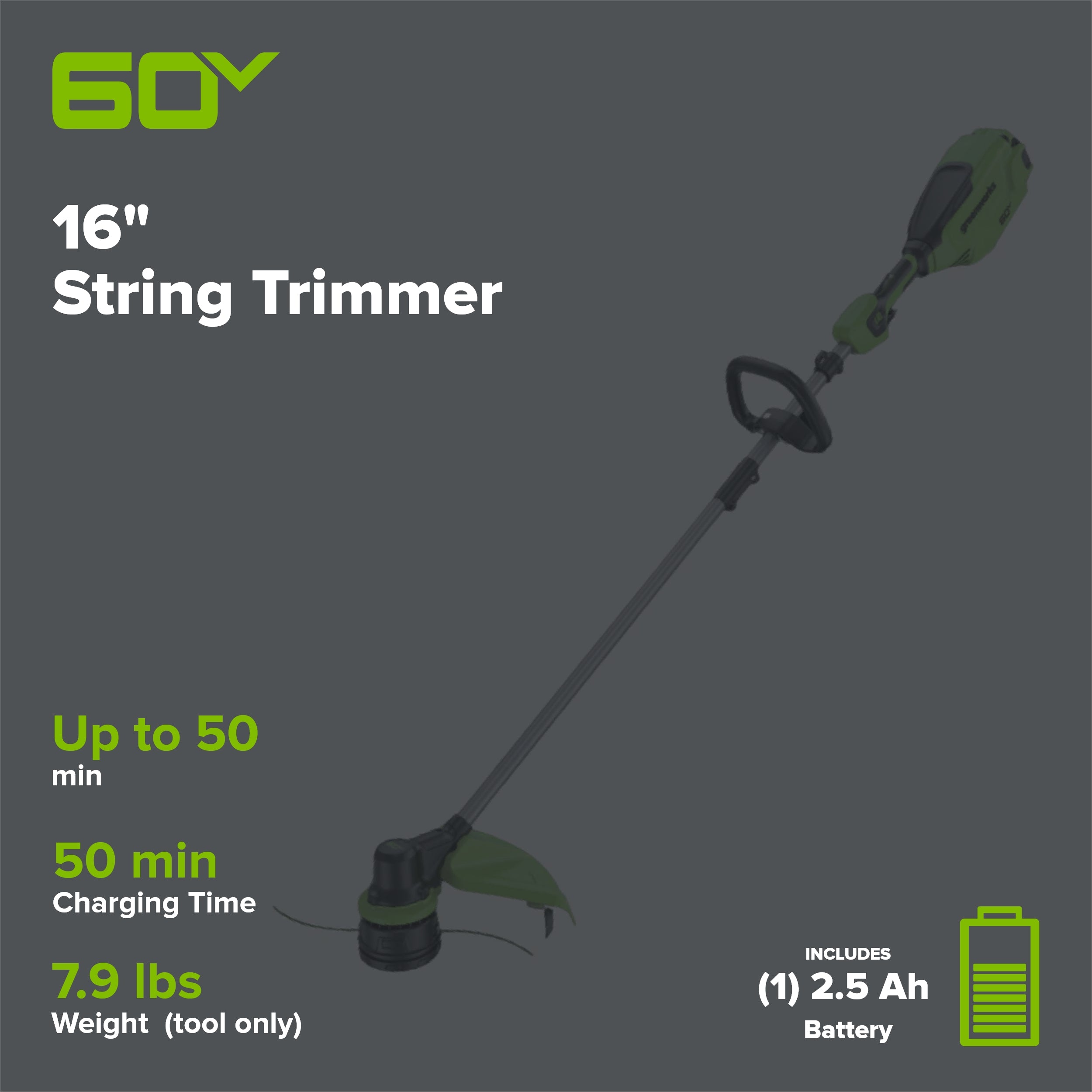 60V 16" Cordless Battery String Trimmer w/ 2.5Ah Battery and 3A Charger