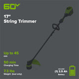 60V 17" Cordless Battery Brushless String Trimmer: 2.5 Ah Battery and Charger