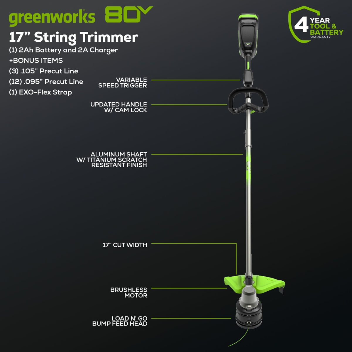 80V 17" Brushless String Trimmer: 2.0 Ah Battery and Charger