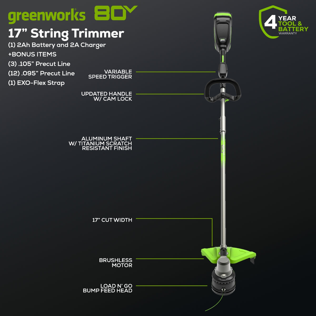 OPEN BOX 80V 17" Brushless String Trimmer Shoulder Strap, Precut Line included: 2.0 Ah Battery and Charger