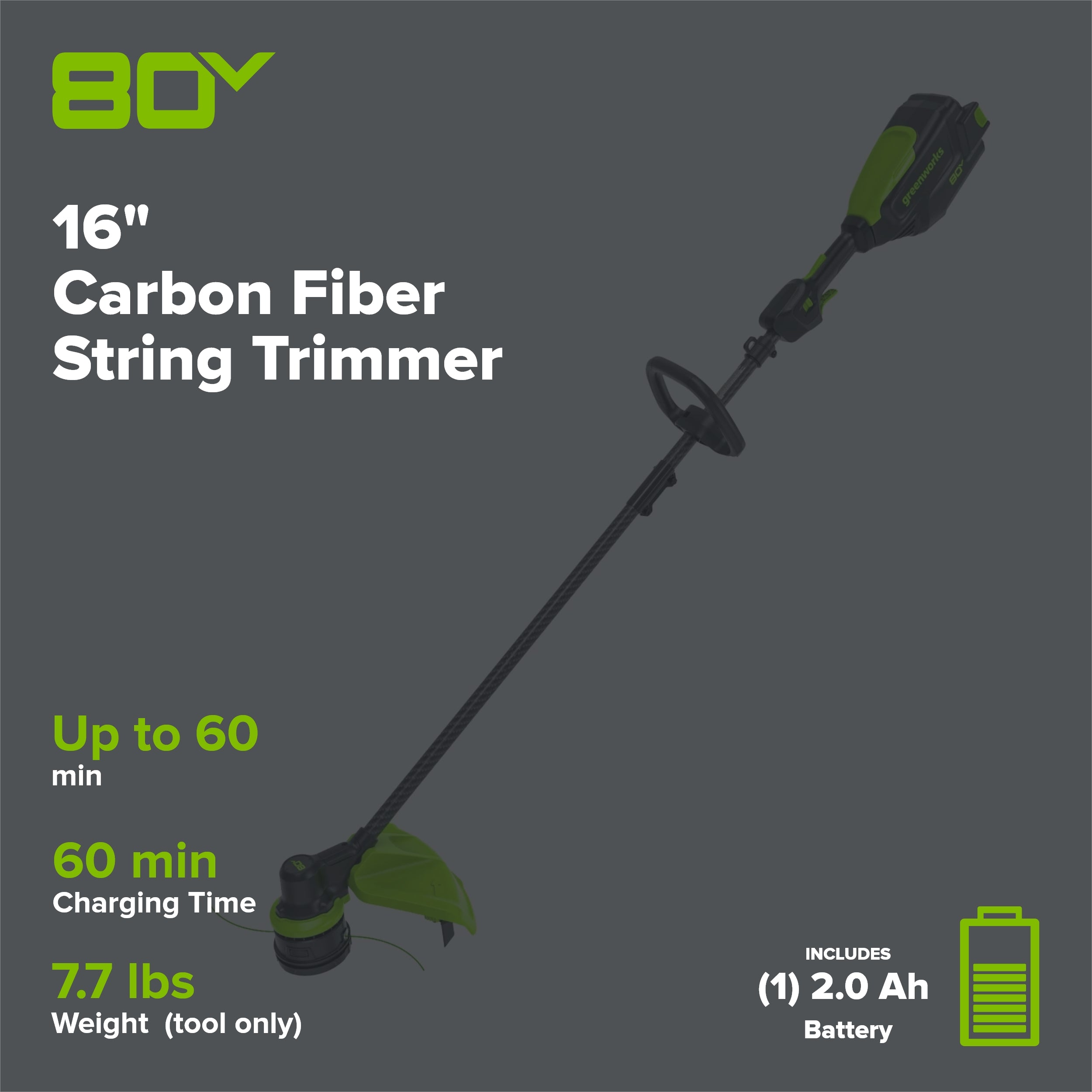 80V Cordless 16" Brushless Carbon Fiber String Trimmer: (1) 2.0 Ah Battery, (1) 2A Charger