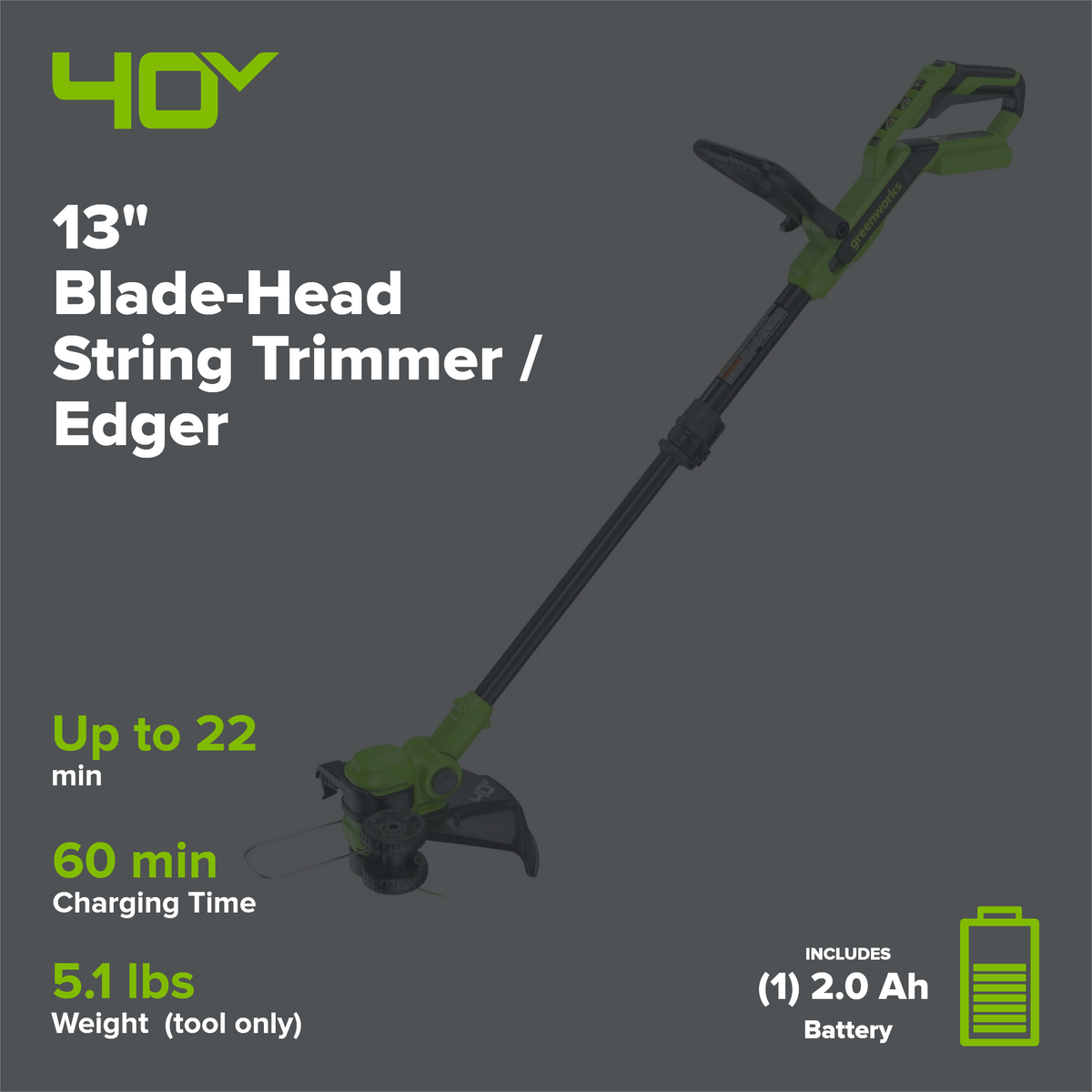 40V 13" Cordless Battery String Trimmer / Edger, 20PC Blades, (1)2.0 Ah Battery and (1)2A Charger