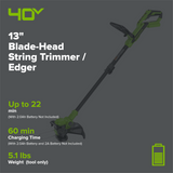 40V 13" Cordless Battery String Trimmer / Edger, 20PC Blades (Tool Only)