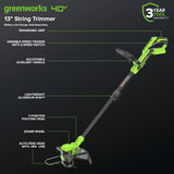 40V 13" Cordless Battery String Trimmer / Edger, 20PC Blades (Tool Only)