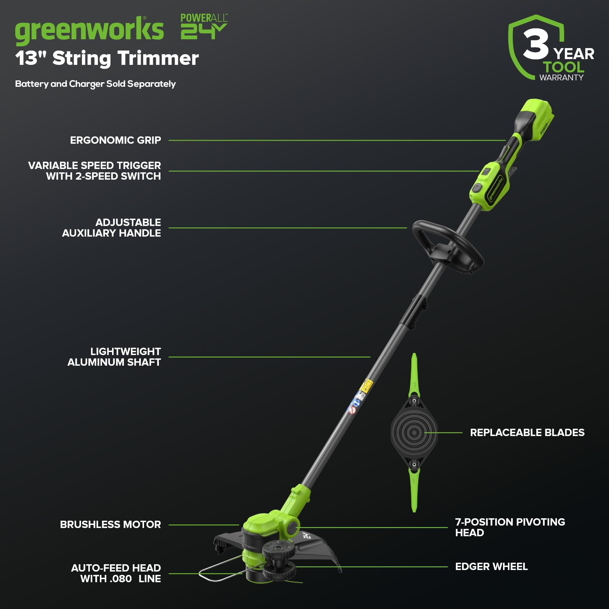 24V 13" Cordless Battery String Trimmer/Edger, 20PC Blades (Tool Only)