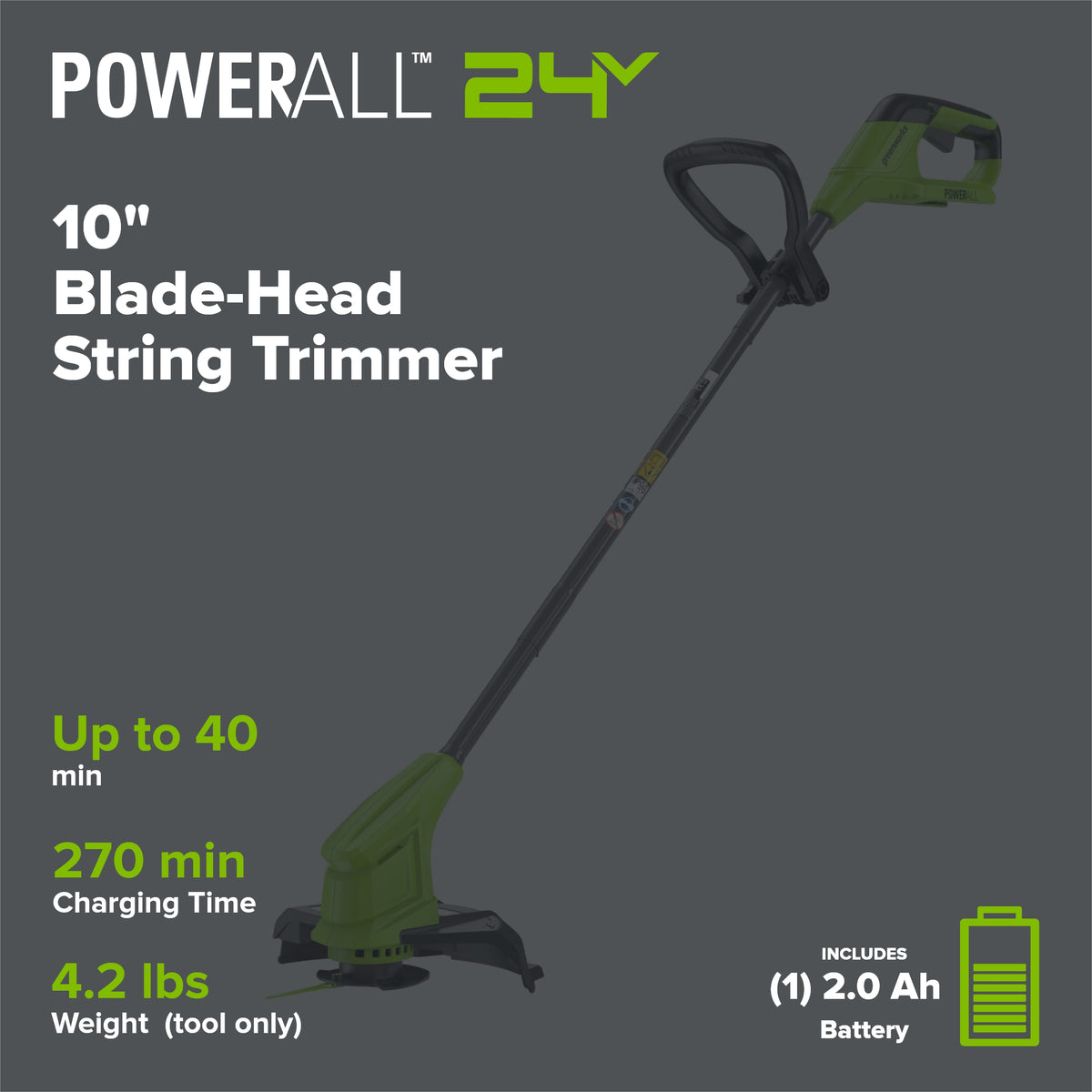 24V 10" Cordless Battery Blade-Head String Trimmer: (1) 2.0 Ah Battery, (1) 0.5A Charger, (20) Plastic Blade