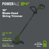 24V 10" Cordless Battery Blade-Head String Trimmer: (1) 2.0 Ah Battery, (1) 0.5A Charger, (20) Plastic Blade
