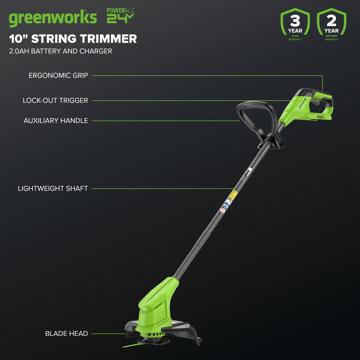 24V 10" Cordless Battery Blade-Head String Trimmer: (1) 2.0 Ah Battery, (1) 0.5A Charger, (20) Plastic Blade