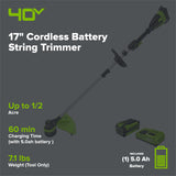 40V 17" Cordless Battery String Trimmer: 5.0 Ah Battery and 5A Charger