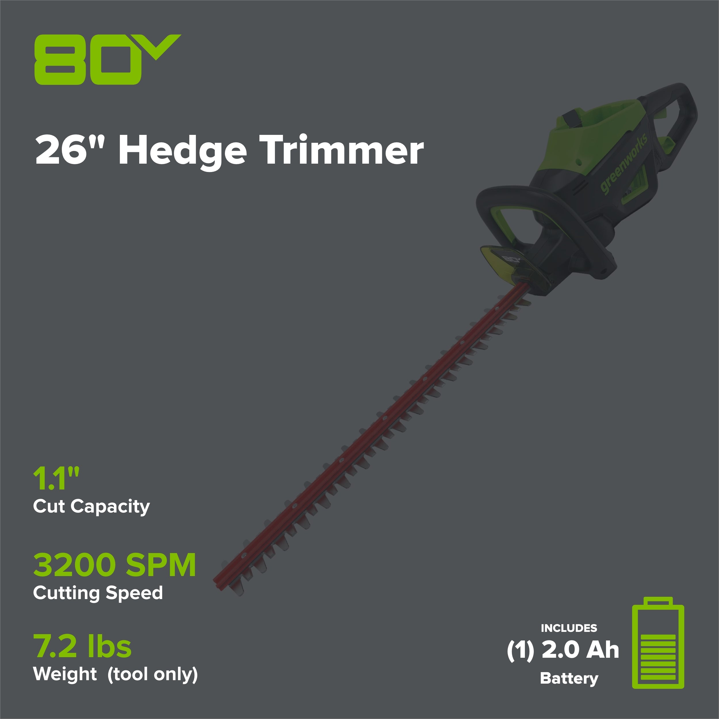 80V 26" Cordless Battery Hedge Trimmer (1.1" cut, 3200 SPM): 2.0 Ah Battery and Charger