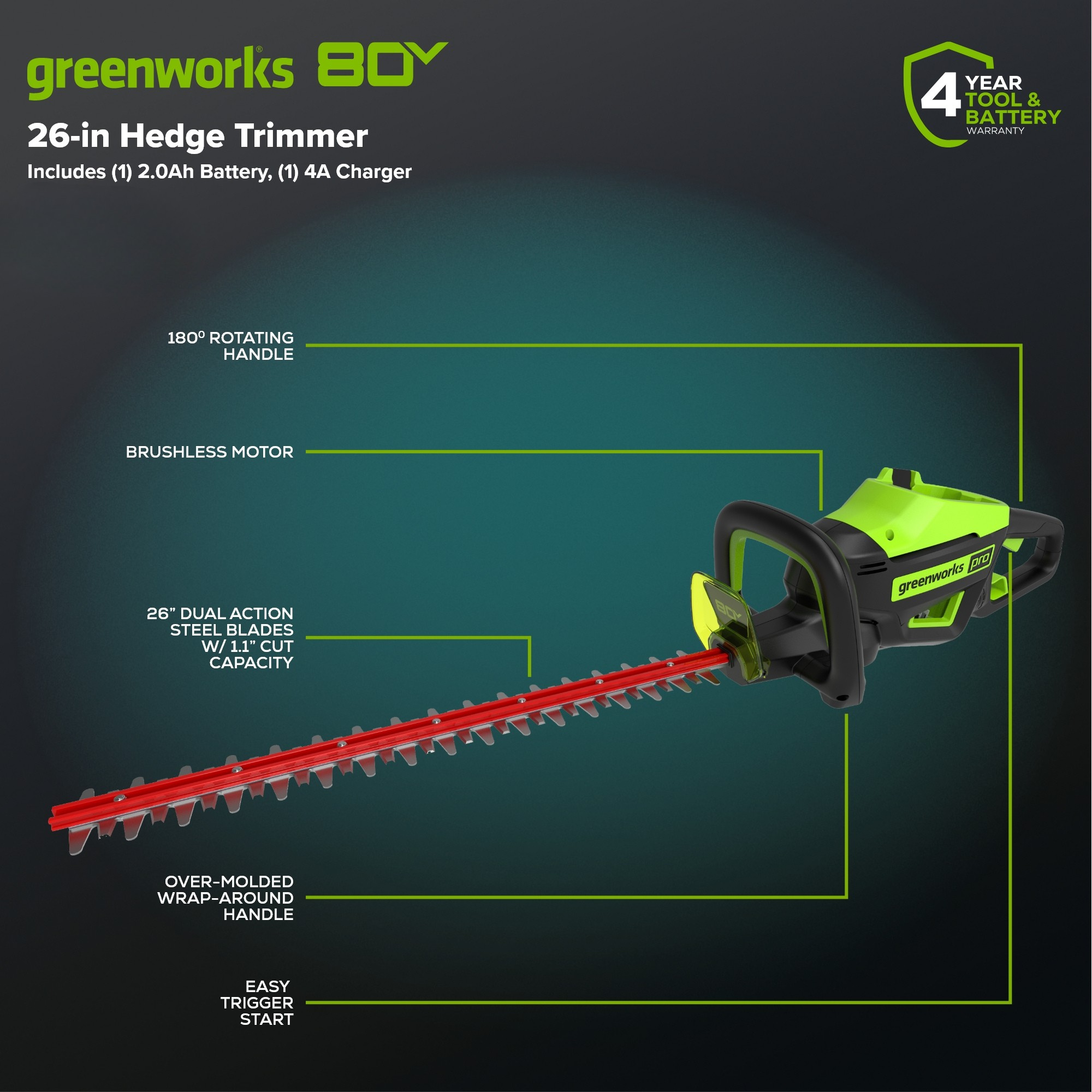80V 26" Cordless Battery Hedge Trimmer (1.1" cut, 3200 SPM): 2.0 Ah Battery and Charger