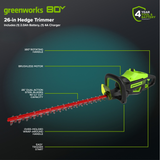 80V 26" Cordless Battery Hedge Trimmer (1.1" cut, 3200 SPM): 2.0 Ah Battery and Charger