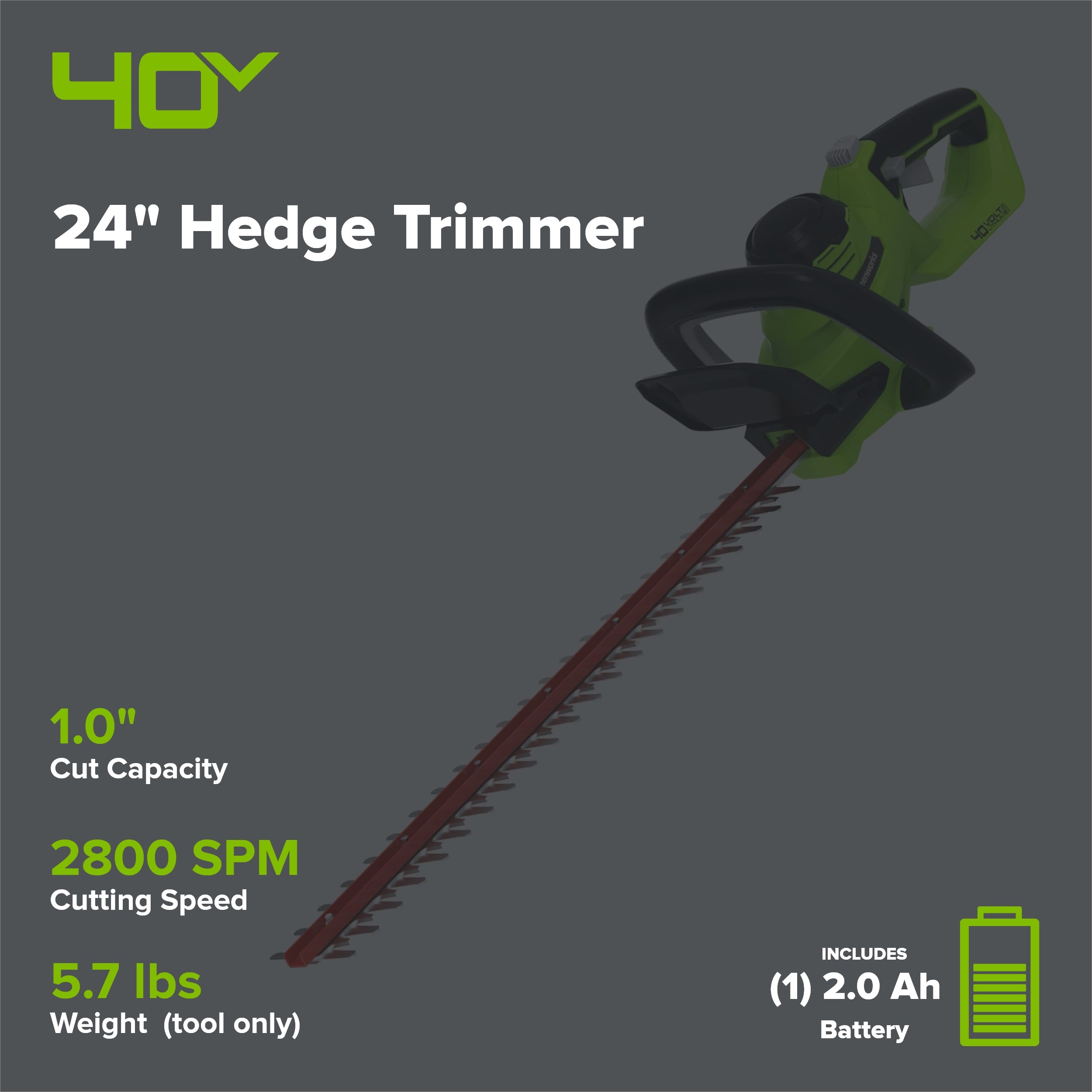 40V 24" Cordless Battery Hedge Trimmer w/ 2.0 Ah USB Battery & Charger