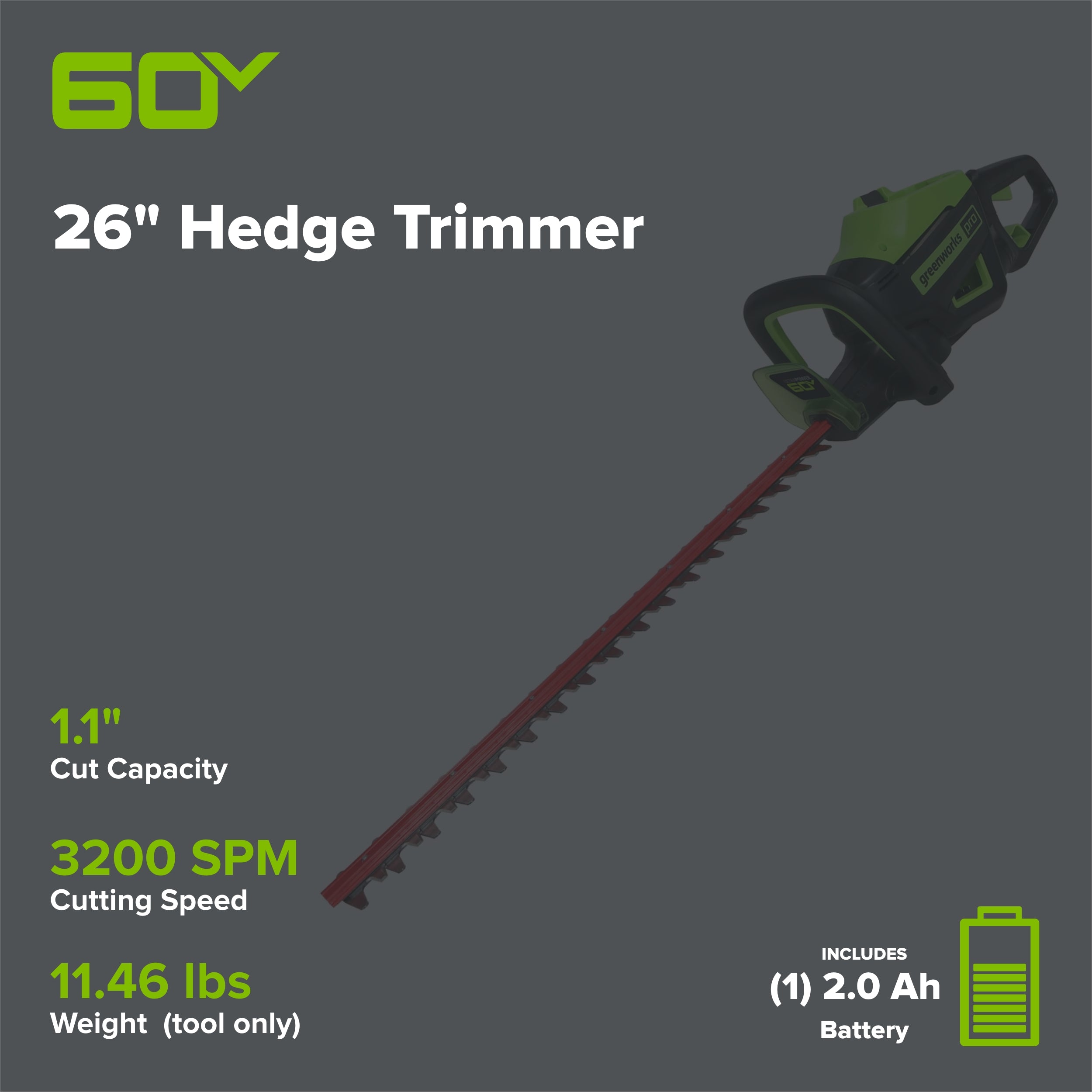 60V 26" Cordless Battery Hedge Trimmer 3200 SPM w/ 2.0Ah Battery & Charger