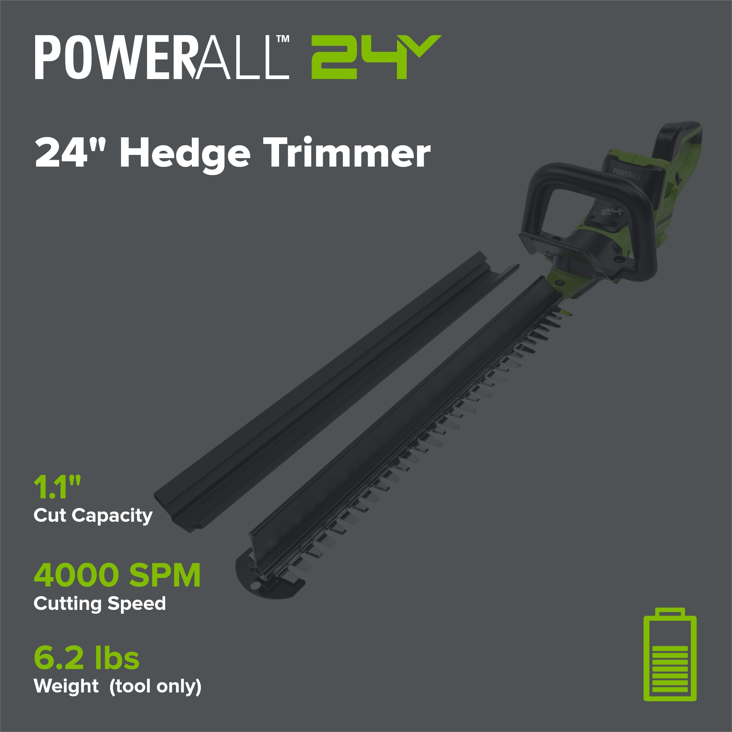 24V 24" Cordless Battery Hedge Trimmer (Tool Only)