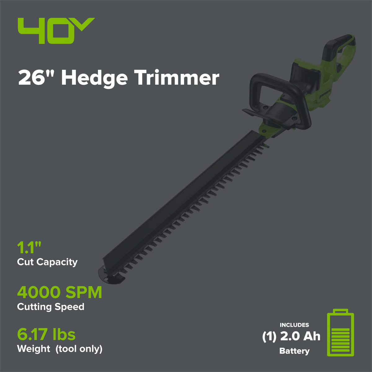 40V 26" Cordless Battery Hedge Trimmer: 2.0 Ah Battery and Charger