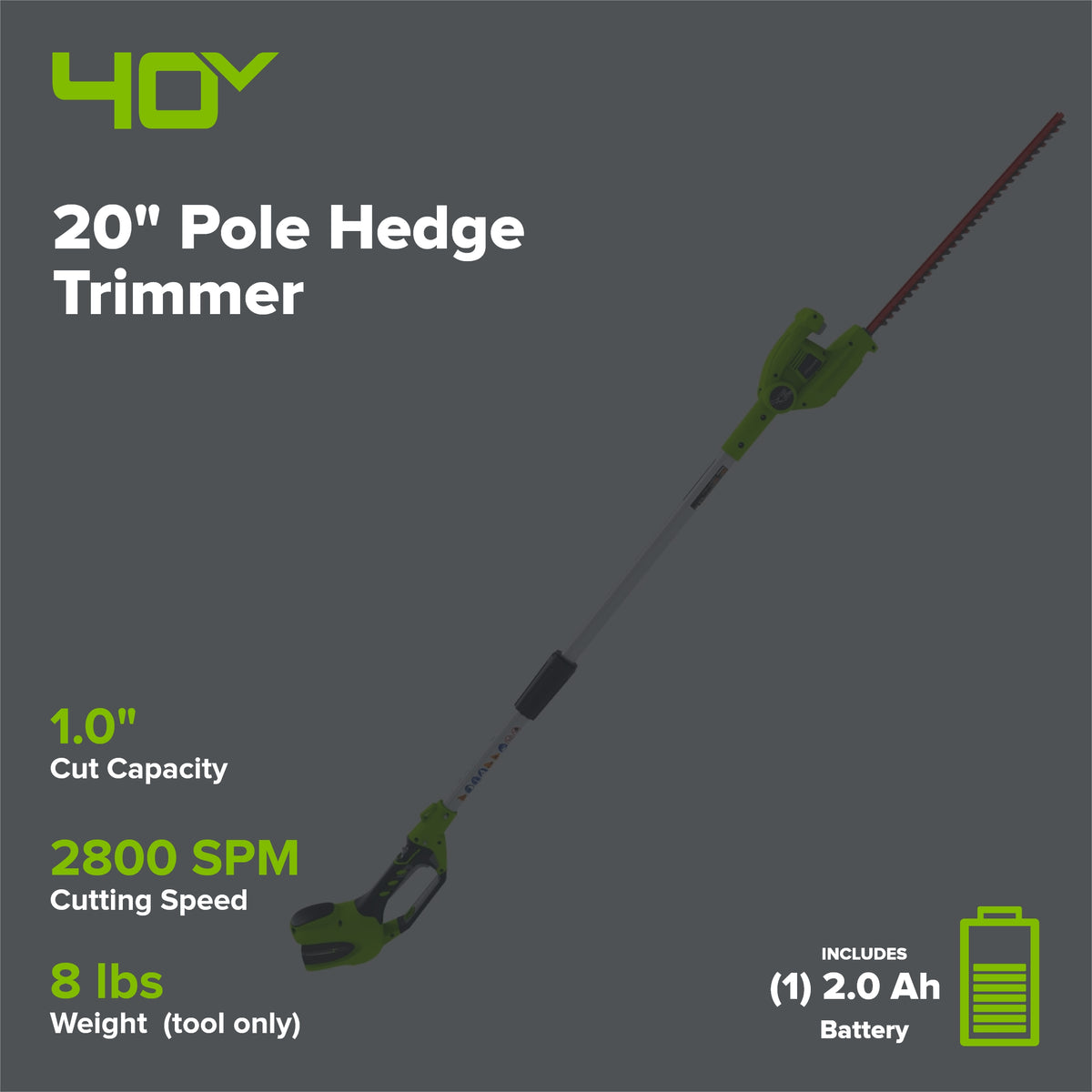 40V 20" Cordless Battery Pole Hedge Trimmer w/ 2.0 Ah Battery & Charger