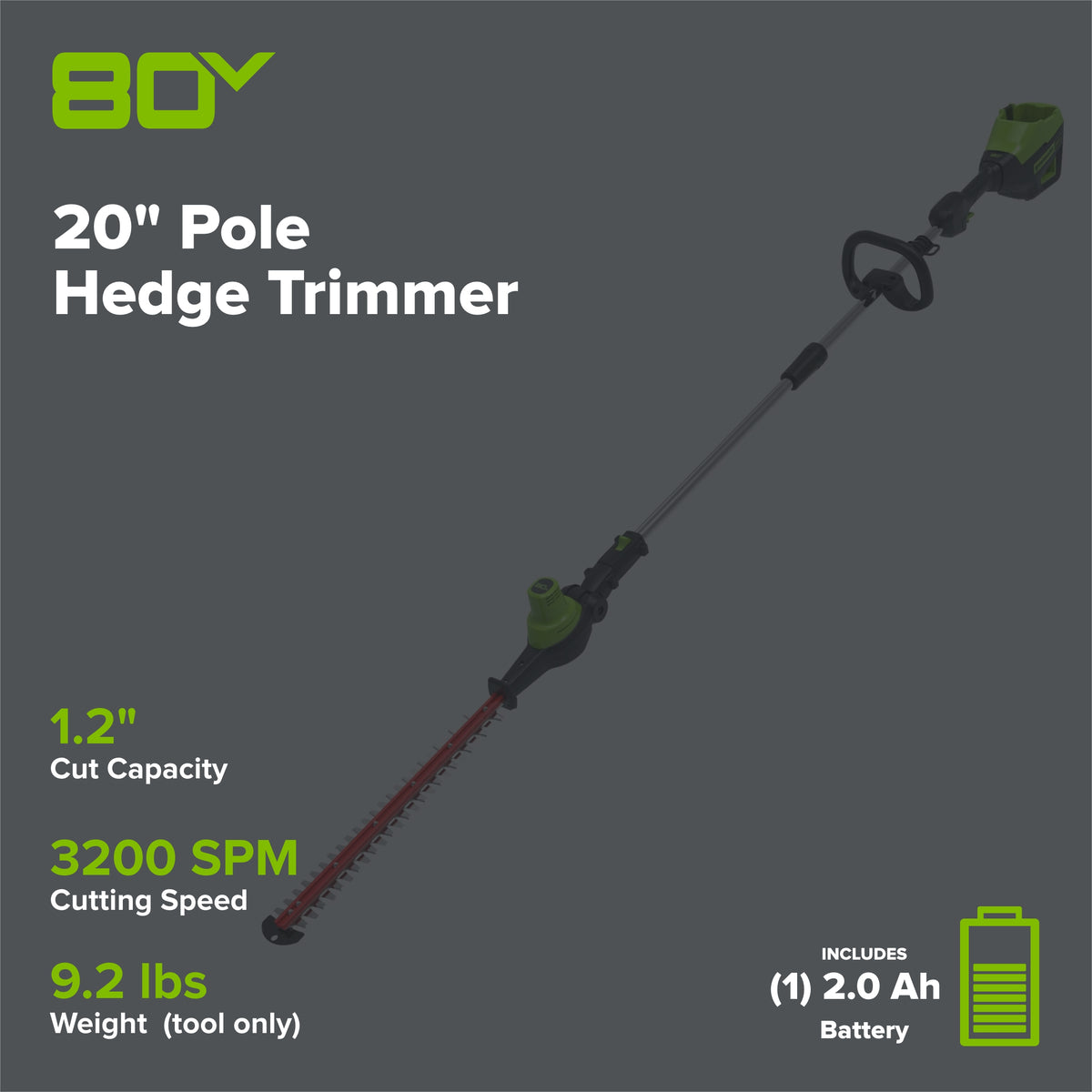 80V 20" Cordless Battery Pole Hedge Trimmer (1.2" cut, 3200 SPM) w/ 2.0Ah Battery & Charger