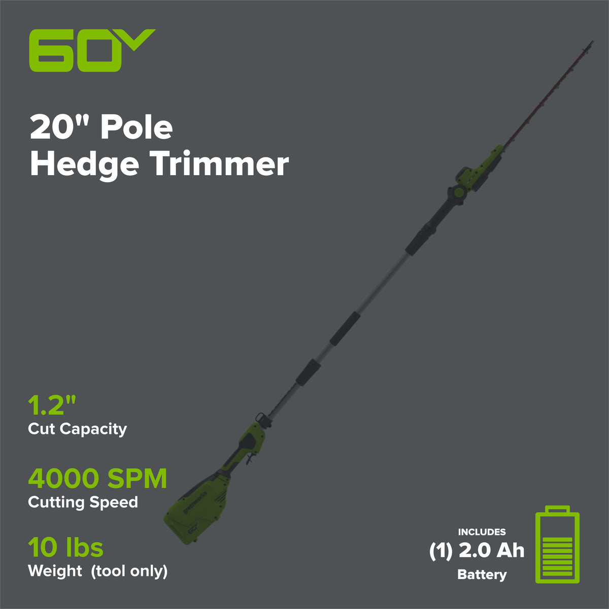 60V 20"  6-position Cordless Battery Pole Hedge w/ 2Ah Battery and 3A Charger