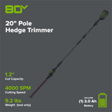 80V 20" Cordless Battery Pole Hedge Trimmer (1.2" cut, 4000 SPM): 2.0 Ah Battery and Charger