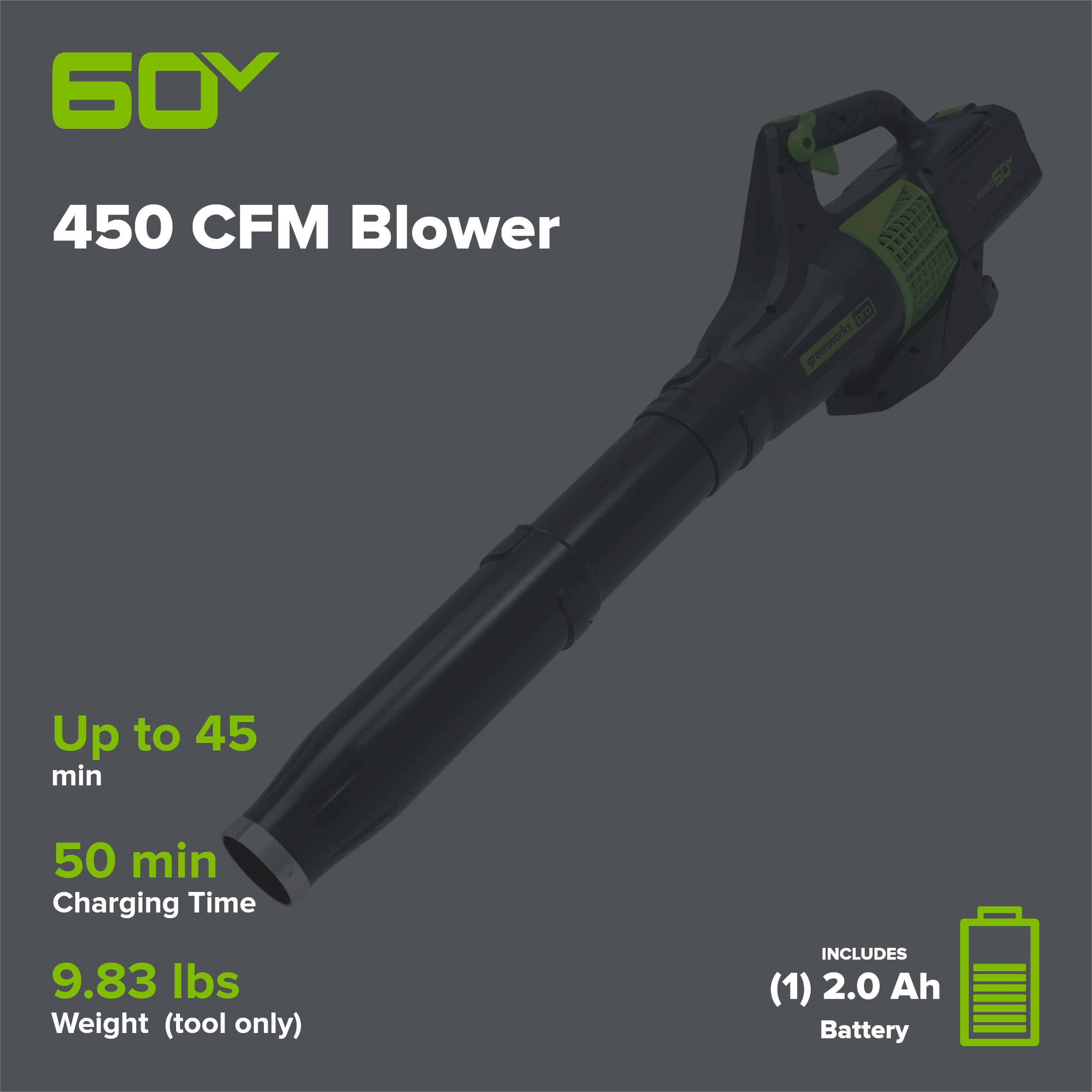60V 450 CFM Cordless Battery Leaf Blower w/ 2.0Ah Battery & Charger