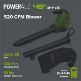48V (24V x 2) 520 CFM Cordless Battery BL Leaf Blower/Vacuum: (2) 4.0 Ah Battery and Dual-Port Charger