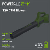 24V 320 CFM Cordless Battery Leaf Blower w/ 2.0 Ah Battery & Charger