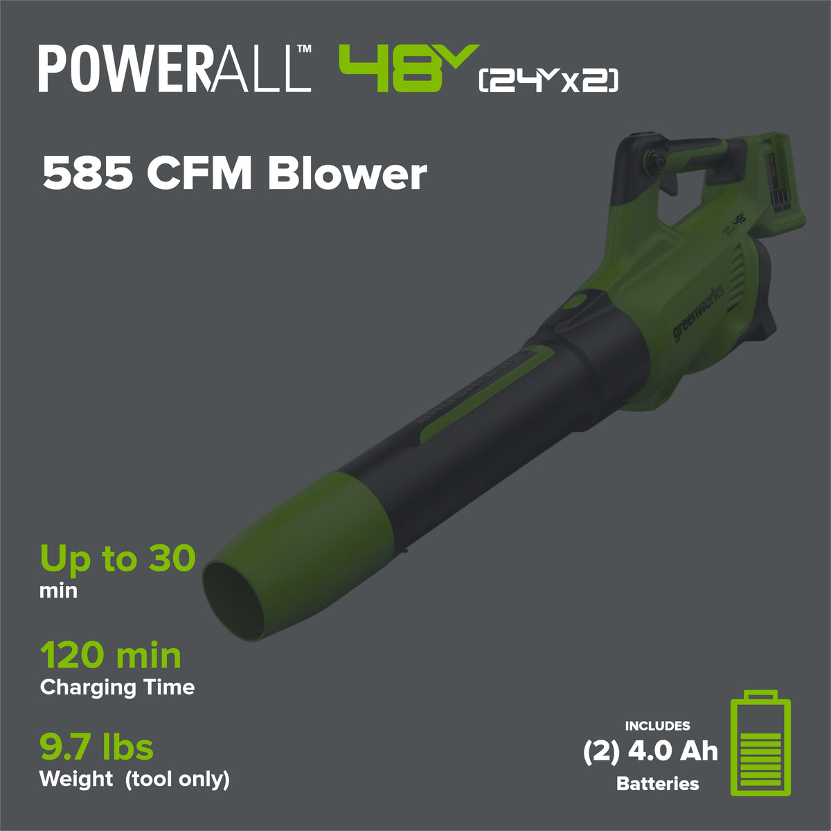 48V (24V x 2) 585 CFM Cordless Battery Leaf Blower w/ (2) 4.0 Ah USB Batteries & Dual Port Charger